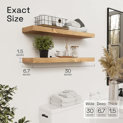 BAOBAB WORKSHOP Natural Wood Floating Shelves for Wall 30 Inches Long, Solid Wooden Shelf Large, Bathroom Shelves for Room Wall Mounted Kitchen Farmhouse, Oak Floating Shelf, 30W × 6.7D, Set of 2