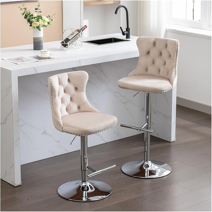 Swivel Velvet Barstools Adjusatble Seat Height from 25-33 Inch, Modern Upholstered Chrome Base Bar Stools with Backs Comfortable Tufted for Home Pub and Kitchen Island（Beige,Set of 2）,for Living Room