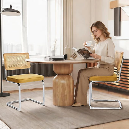 Rattan Back Velvet Dining Chair Set of 2 Modern Stainless Chrome Base Armless Upholstered Side Chair for Dining Room, Kitchen Island, Gold