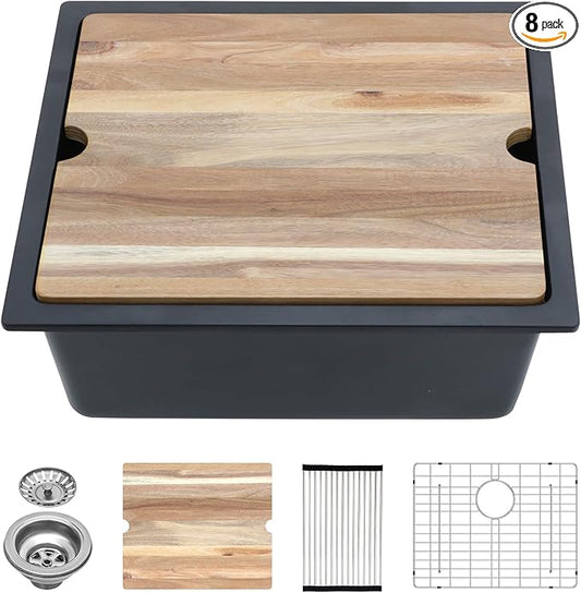 Lordear 21 Inch Granite Composite Bar Sink - 21"x18" Undermount Kitchen Sink Black Single Bowl Under Counter Ledge Workstation Bar Prep RV Basin