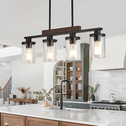 Kitchen Table Light Fixtures Over Island Ceiling Hanging,4-Light Rustic Wood Pendant Chandelier for Dining Room with with Glass Shade
