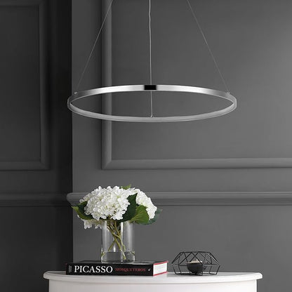JONATHAN Y 23.75" Chrome Modern Integrated LED Pendant Light, Dimmable Round Hoop Chandelier for Kitchen Island, Dining Room, Adjustable Height Metal Hanging Light (JYL7203C)