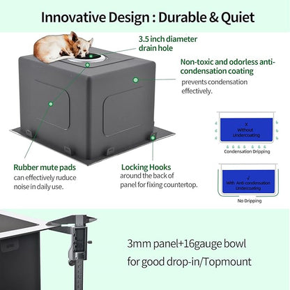 Drop In Kitchen Sink, 15 x 20 x 10 Inch 16 Gauge Single Bowl Topmount Wet Bar Sink T-304 Stainless Steel RV Kitchen Sinks