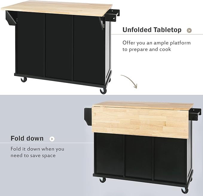 Ball & Cast Kitchen Island Cart with Rubber Wood Drop-Leaf Countertop,Cabinet Door Internal Storage Racks,Kitchen Island on 5 Wheels W/Storage Cabinet and 3 Drawers for Dinning Room,Black,53"