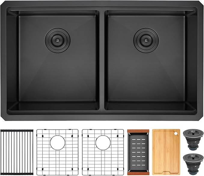 LQS 32 Inch Black Kitchen Sink, Undermount Kitchen Sink Black with Abundant Workstation Accessories, 10” Deep Enough and 50/50 Double Kitchen Sink for Food Prep and Dish Rinsing