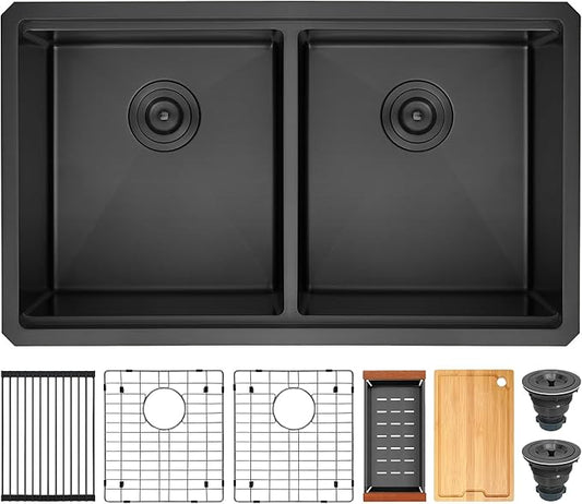 LQS 32 Inch Black Kitchen Sink, Undermount Kitchen Sink Black with Abundant Workstation Accessories, 10” Deep Enough and 50/50 Double Kitchen Sink for Food Prep and Dish Rinsing