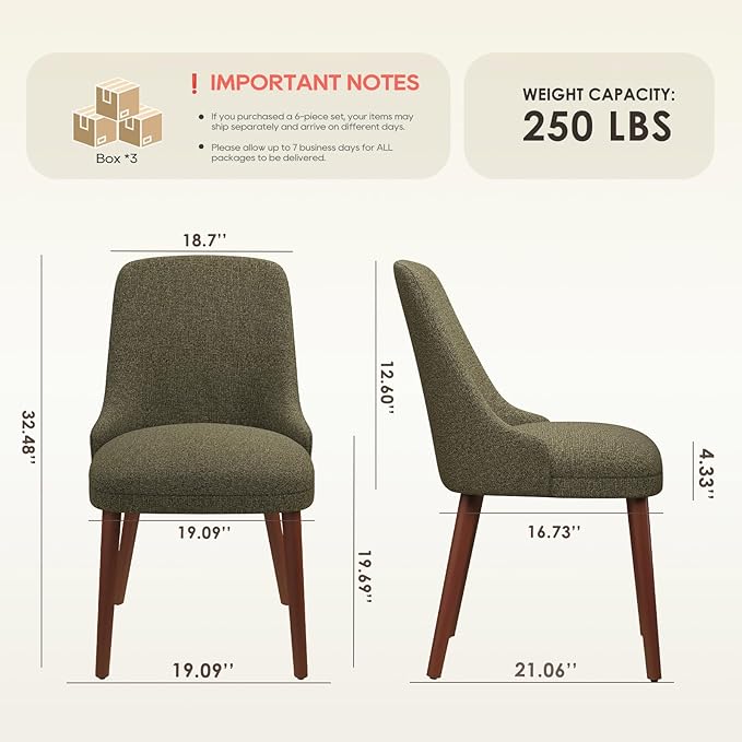 MALOL Dining Room Chair Set of 6, Upholstered Kitchen Chairs with Wood Legs, High-Back Padded Dining Chairs for Dining Room/Restaurant/Cafe, Green