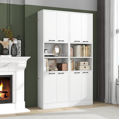 75” Kitchen Pantry Cabinet, Tall Freestanding Kitchen Hutch with 4 Doors, 2 Open Shelves & 4 Anti-Tipping Devices, Bathroom Storage Cabinet for Living Room, Dining Room (White)