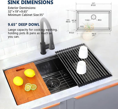 HOTIS 32 Inch Black Undermount Kitchen Sink Workstation, 32x18 Inch Large Outdoor Single Bowl Prep Sink, Stainless Steel T304 16 Gauge Deep Kitchen Sinks with Cutting Board Accessories
