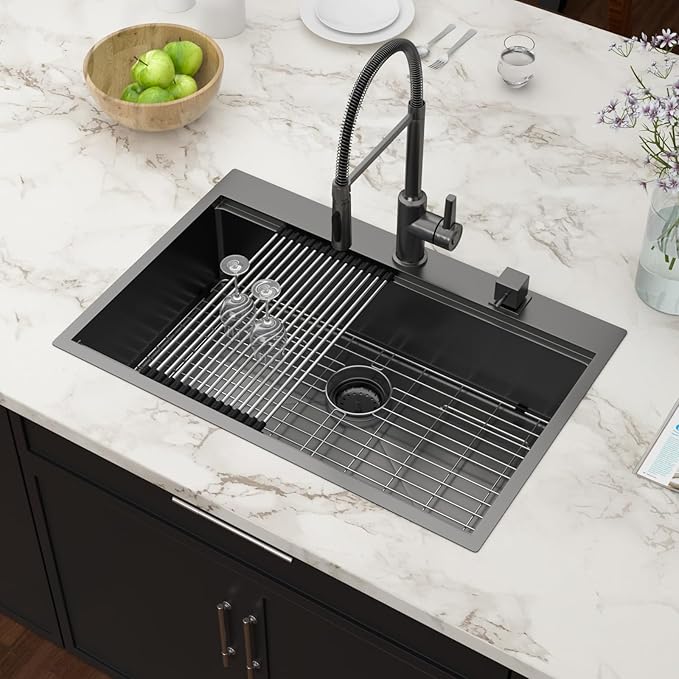 33x22 Black Drop In Kitchen Sink Workstation 16 Gauge Stainless Steel Single Bowl Drop Kitchen Sinks Nano PVD Gunmetal Black Handmade Large Deep Topmount Sinks, 33x22x9 Inch