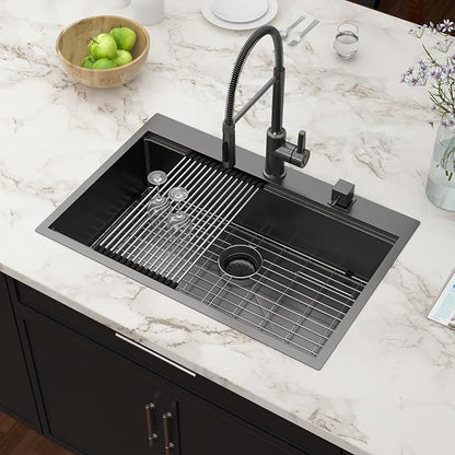 33x22 Black Drop In Kitchen Sink Workstation 16 Gauge Stainless Steel Single Bowl Drop Kitchen Sinks Nano PVD Gunmetal Black Handmade Large Deep Topmount Sinks, 33x22x9 Inch