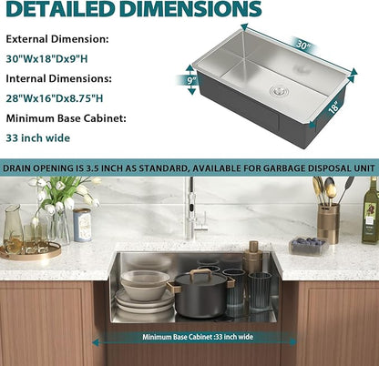 Undermount Kitchen Sink 30x18x9 Inch Deep Single Bowl 18 Gauge Stainless Steel Under Counter Sinks Basin With Drain Strainer