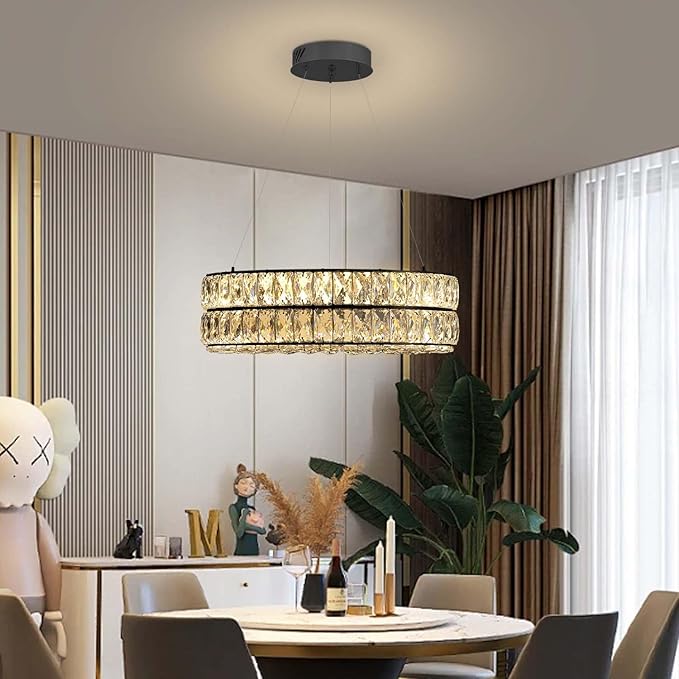 Modern Dimmable Led Crystal Ring Chandelier Adjustable Ring Pendant Light for Living Room Dining Room 15.7inch Black