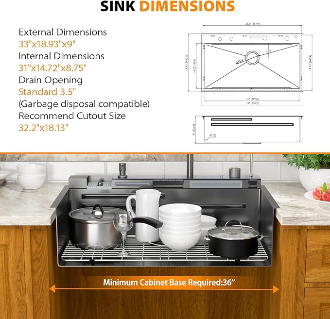 Mocoloo 33 Inch Black Honeycomb Waterfall Kitchen Sink Drop in, 33x19 Inch Stainless Steel Workstation Sink 16 Gauge Topmount Single Bowl Sink with Complete Kit