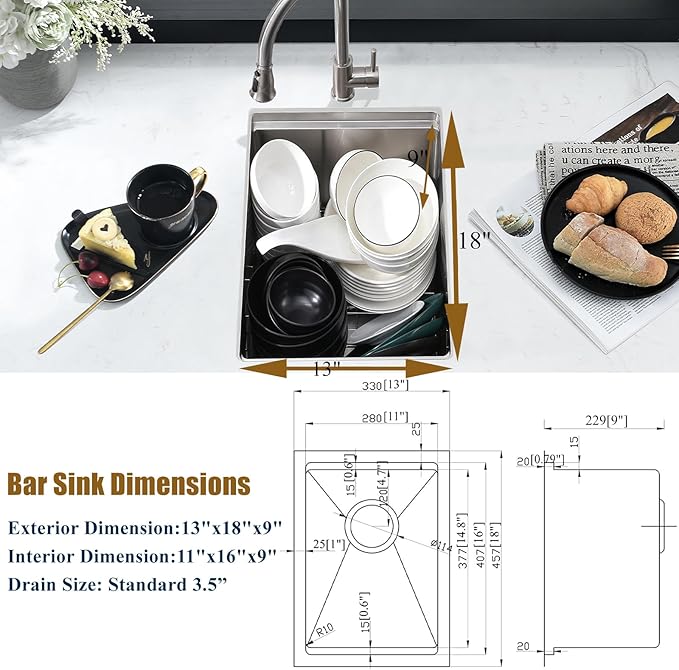 13 Inch Bar Sink Undermount Workstation,13x18 Undermount Bar Sink Small Bar Sinks 18 Gauge Stainless Steel Single Bowl Kitchen Sinks with Cutting Board