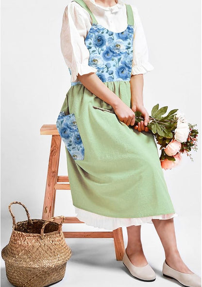 Uaussi Cotton Linen Apron Cross Back Work Apron for Women with Pockets Pinafore Dress X Cross Halter Apron for Chef Gardening