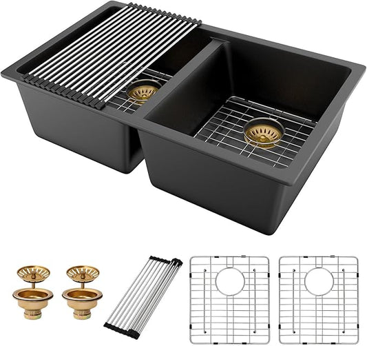 Black Double Bowl Granite Composite Kitchen Sink - 33 Inch Matte Black Kitchen Sink 50/50 Split Bowl Undermount Granite Quartz Composite Under Counter Sinks Basin