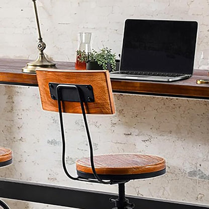 LOKKHAN 5-Piece Industrial Metal Bar Table & Stools Set – Adjustable Swivel, Wooden Top/Seats, Backrest (1 Table + 4 Stools, Brown) for Kitchen Island/Pub, Heavy Duty