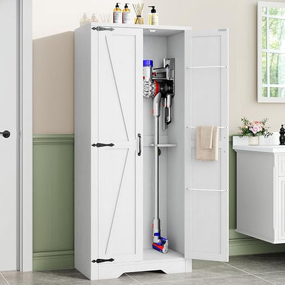 DWVO Wooden Storage Cabinet, Vacuum Cleaner Storage Compatible with Dyson Models, Utility Stand for Brooms and Mops, Cleaning Tool Cabinet with Doors for Garage, Office, Home