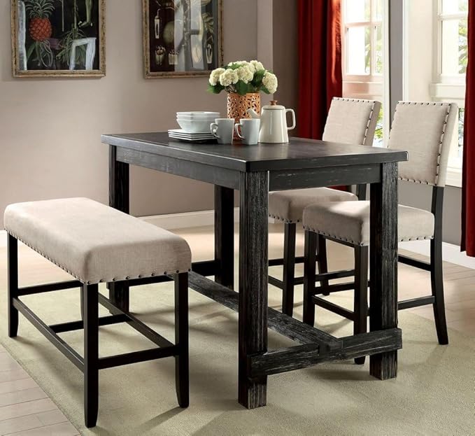 Rustic Farmhouse Counter Height Bench, Beige Linen & Antique Black Nailhead Trim - Solid Wood Dining Room Bench for Kitchen Island