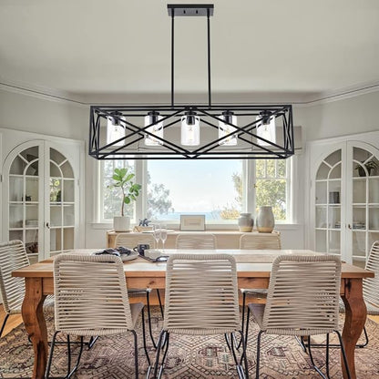 5-Lights Farmhouse Kitchen Island Light in Black Finish, Vintage Rectangular Linear Pendant Lighting Fixtures with Clear Glass Shades for Bar Pool Table