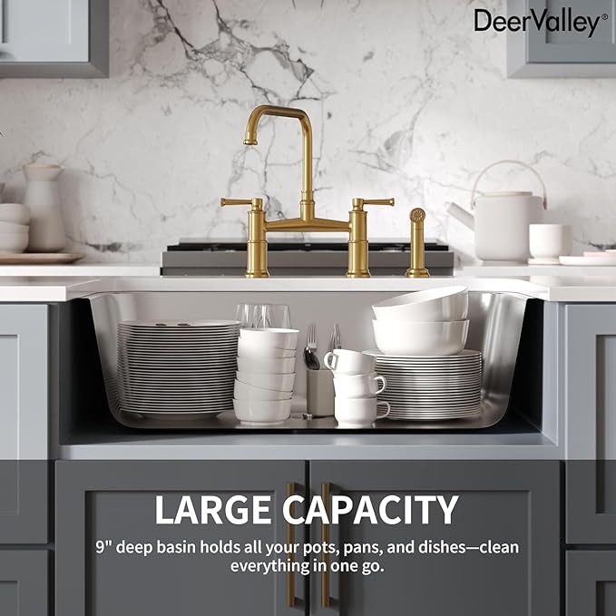 DeerValley 30 Inch Undermount Kitchen Sink 18 Gauge Stainless Steel Kitchen Sink Spacious Single Bowl Sinks with Basket Strainer Curved Shape Round Corner Deep Sinks for Modern Kitchens