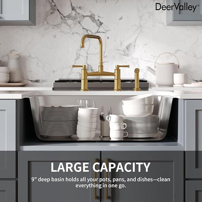DeerValley 30 Inch Undermount Kitchen Sink 18 Gauge Stainless Steel Kitchen Sink Spacious Single Bowl Sinks with Basket Strainer Curved Shape Round Corner Deep Sinks for Modern Kitchens