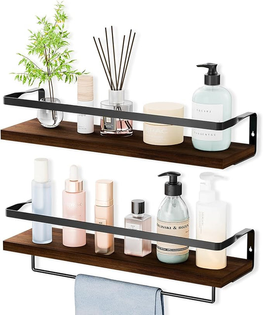 Bathroom Shelves with Towel Bar,Floating Shelves for Bathroom, Kitchen, Bedroom, Paulownia Wood, Matte Black Metal Frame - Set of 2 (Rustic Brown)