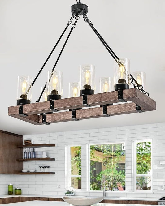 8-Light Wooden Island Pendant with Clear Glass Shades Rustic Linear Pendant Light Ideal for Kitchens, Dining Rooms, and Bars