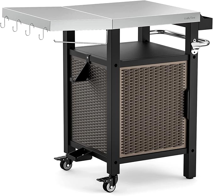onlyfire 35 Inch Rolling Kitchen Island with XL Stainless Steel Top & Rattan Cabinet, Heavy-Duty BBQ Serving Cart for Indoor/Outdoor, Single Door Storage Worktable with Side Shelf & Wheels