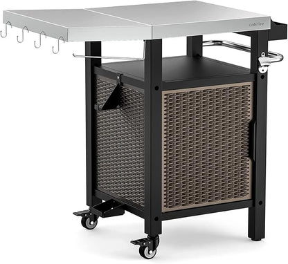 onlyfire 35 Inch Rolling Kitchen Island with XL Stainless Steel Top & Rattan Cabinet, Heavy-Duty BBQ Serving Cart for Indoor/Outdoor, Single Door Storage Worktable with Side Shelf & Wheels