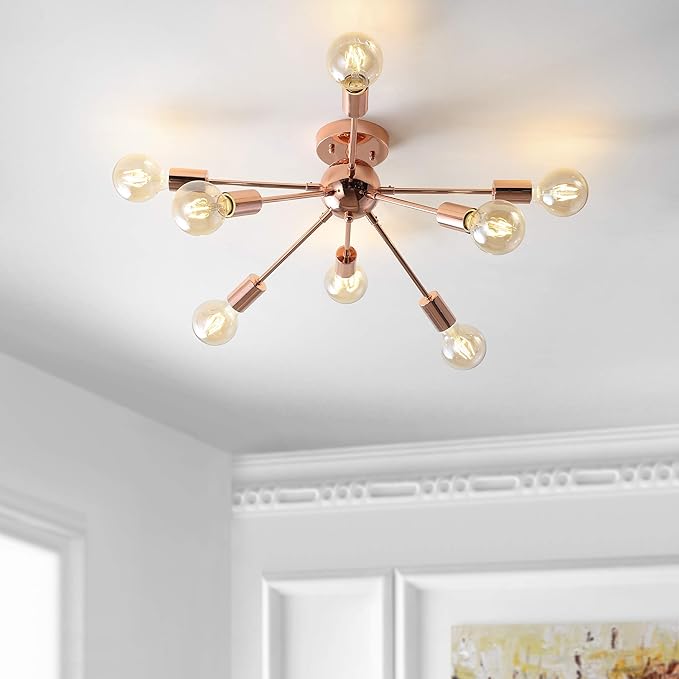 JONATHAN Y 30.5" Copper 8-Light Iron Sputnik Flush-Mount, Mid-Century Modern Space Age Ceiling Light for Low Ceilings, Glam Decor, ETL Listed, LED Bulbs Included JYL7459A