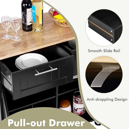 COSTWAY Kitchen Island Cart on Wheels, with Side Towel Bar, 2 Drawers, 2 Door Cabinet, Rolling Storage Trolley Cart with Rubber Wood Top & Lockable Casters (Black)