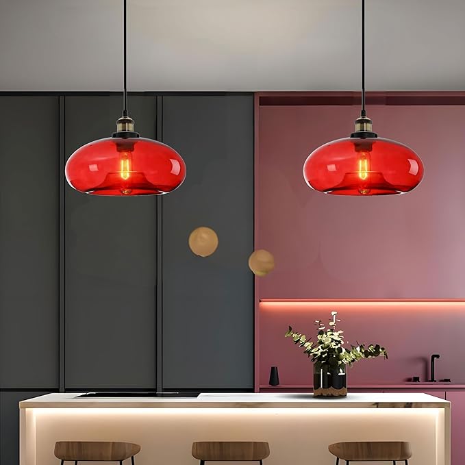 11" Red Glass Pendant Light Industrial Vintage Design Suitable for Kitchen Island Bedroom Dining Room Adjustable Height E26 Bulb Compatible (Red)
