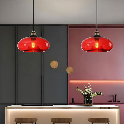 11" Red Glass Pendant Light Industrial Vintage Design Suitable for Kitchen Island Bedroom Dining Room Adjustable Height E26 Bulb Compatible (Red)