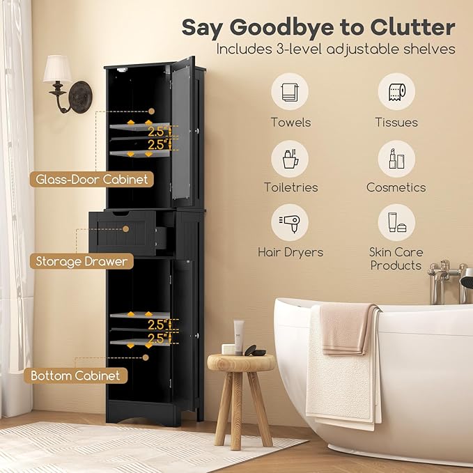 Tangkula 67" Tall Bathroom Storage Cabinet, Slim Freestanding Tower w/ 2 Doors & 1 Drawer, Narrow Floor Cabinet w/Adjustable Shelves & Tempered Glass Door for Bathroom Living Room (Black)