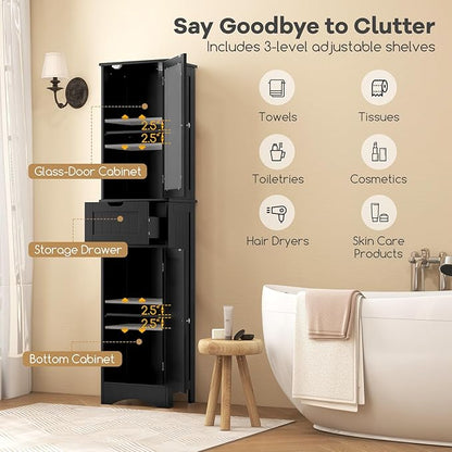 Tangkula 67" Tall Bathroom Storage Cabinet, Slim Freestanding Tower w/ 2 Doors & 1 Drawer, Narrow Floor Cabinet w/Adjustable Shelves & Tempered Glass Door for Bathroom Living Room (Black)