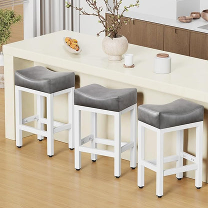 Raynesys Counter Height Bar Stools Set of 3, 24 Inch Barstools for Kitchen Island Counter, Bonded Leather Kitchen Stools with Thick Saddle Seats & Heavy Duty Metal Base, Easy Assembly, Gray/White
