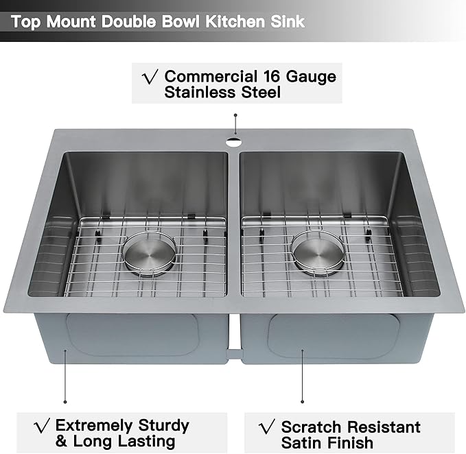 33 X 22 inch Drop in Kitchen Sinks Double Bowl,16 Gauge Stainless Steel 50/50 Double Sink,Top Mount/Drop In Double Kitchen Sink 33 inch