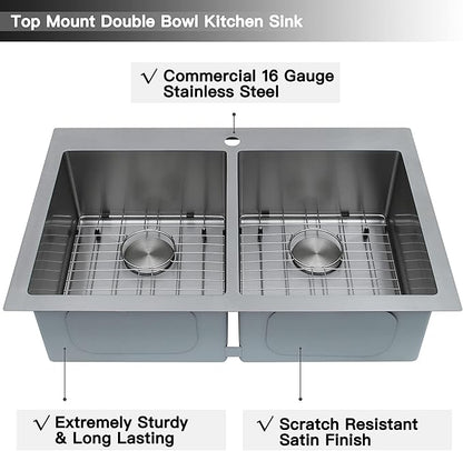33 X 22 inch Drop in Kitchen Sinks Double Bowl,16 Gauge Stainless Steel 50/50 Double Sink,Top Mount/Drop In Double Kitchen Sink 33 inch