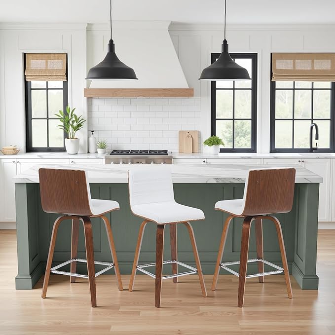 Vienna Modern Counter Height Swivel Bar Stool with Snow White Faux Leather Seat and Walnut Finished Wood Frame Set of 2