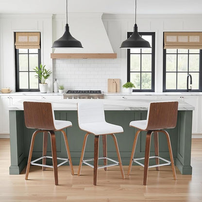 Vienna Modern Counter Height Swivel Bar Stool with Snow White Faux Leather Seat and Walnut Finished Wood Frame Set of 4