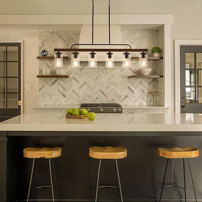 Farmhouse Chandelier 6-Light Dining Room Light Fixture Over Table Kitchen Island Lighting Rustic Chandeliers for Dining Light with Seeded Glass Shade Wood Pendant Lights Kitchen Island