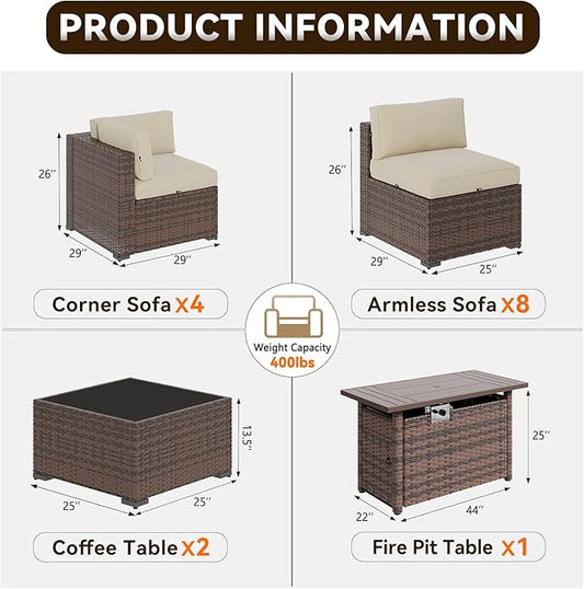 Aoxun Patio Furniture Sets, 15-Piece Outdoor Patio Furniture with 44'' Propane Gas Firepit Table, Wicker Outdoor Conversation Set Sectional Sofa for Backyard, Poolside, Garden
