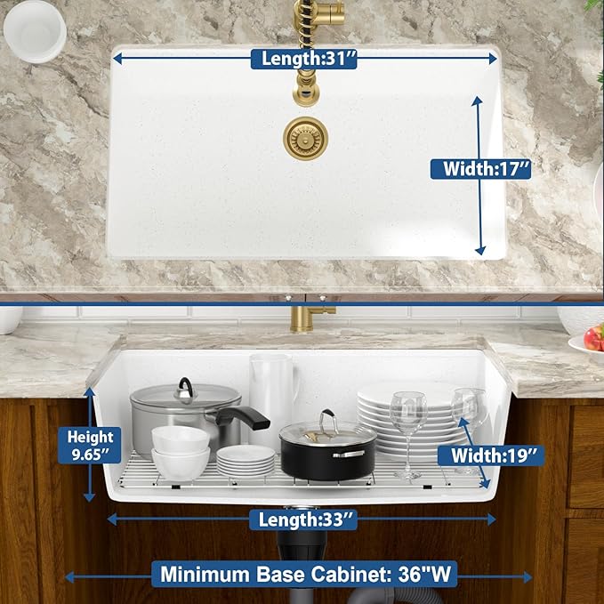 Mocoloo 33 Inch White Granite Composite Kitchen Sink - 33x19 Undermount Ledge Workstation Matte White Quartz Single Bowl Under Counter Kitchen Sinks