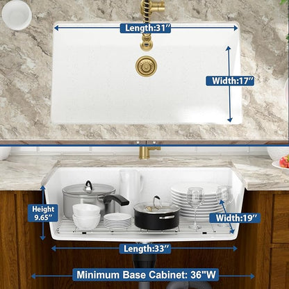 Mocoloo 33 Inch White Granite Composite Kitchen Sink - 33x19 Undermount Ledge Workstation Matte White Quartz Single Bowl Under Counter Kitchen Sinks