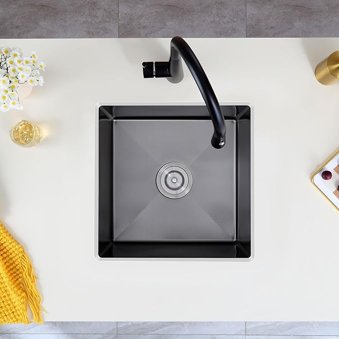 MENATT 18-inch Undermount Kitchen Sink Black, 18 Gauge Stainless Steel Single Bowl Undermount Small Bar Sink Kitchen Sinks,D18" x W18" x H9"