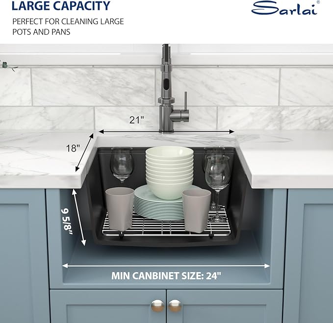 Sarlai 21 Black Kitchen Sink Granite Composite - 21 x 18 inch Bar Prep Workstation Sink Black Granite Composite Quartz Undermount Single Bowl Rectangular RV Camper Sinks Basin