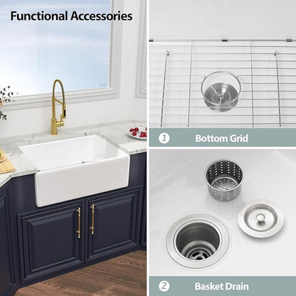 28 White Farmhouse Kitchen Sink - Kichae 28 Inch Farmhouse Kitchen Sink Apron Front White Fireclay Ceramic Porcelain Single Bowl Basin