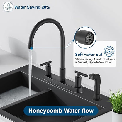 Kitchen Faucets, High Arc 360°Rotating Spout Kitchen Sink Faucet, 2 Handle 8 Inch Centerset RV Kitchen Faucet with Supply Lines, 3 or 4 Hole Kitchen Faucet with Side Sprayer, Matte Black